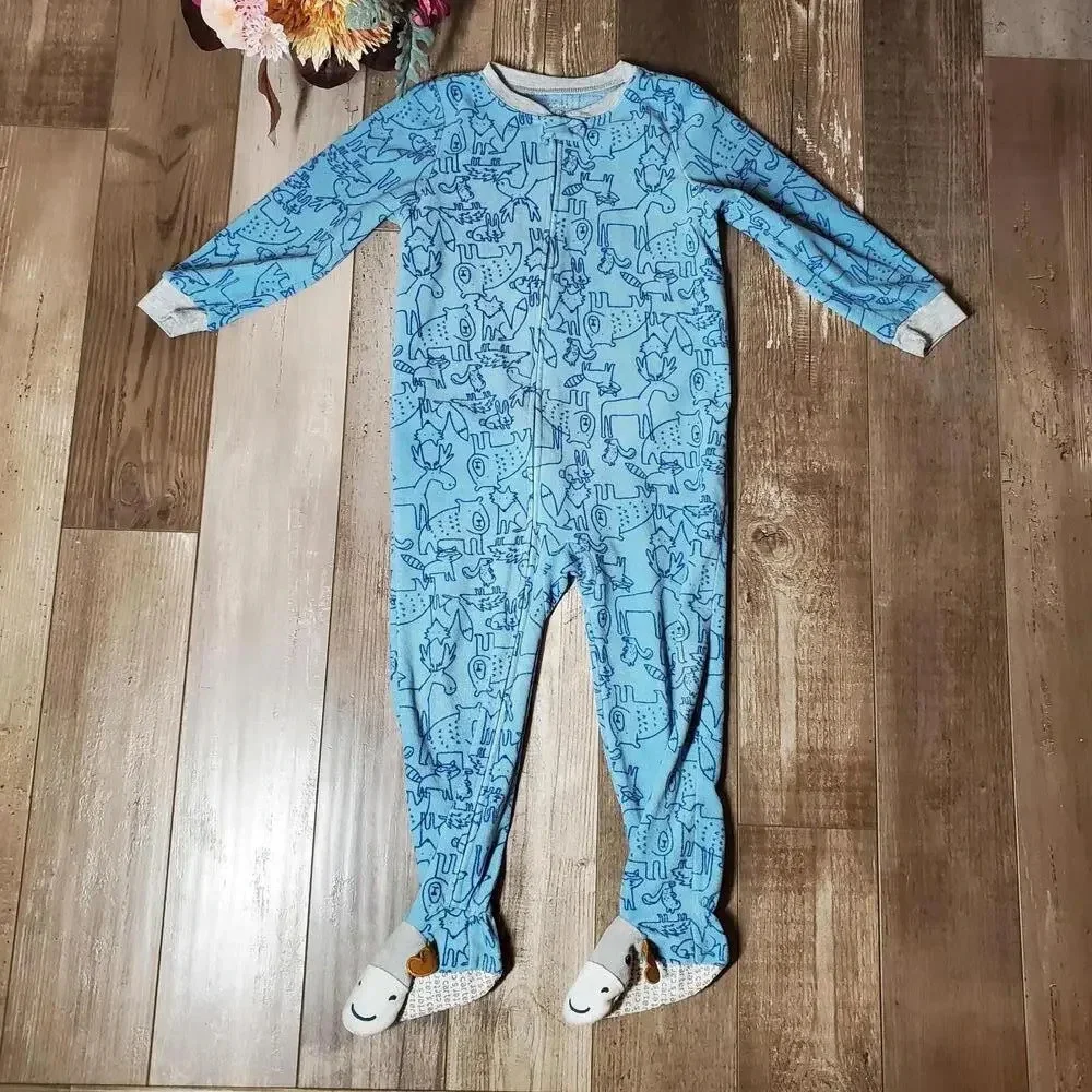 Carter's Blue Forest Animal Print Fleece Blanket Sleeper Pajamas Boys Size 4T